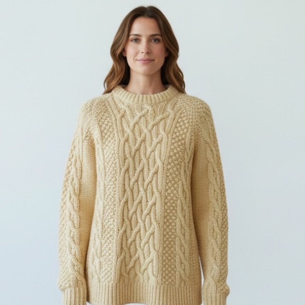 VTG Women S chunky HandKnit Cable Sweater Fishermen Wool Neutral Beige Gorpcore